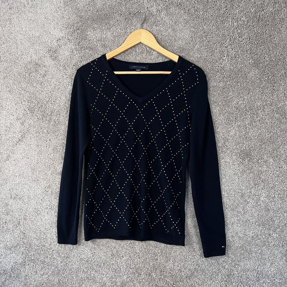Tommy Hilfiger Sweater Womens Small Blue Long Sleeves V-Neck Gold Beaded Cotton